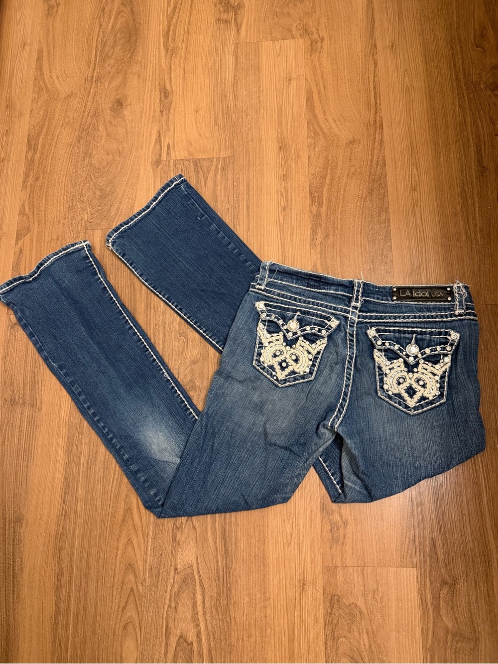 LA Idol Low Rise Dark Blue Bootcut Jeans with Embellished Bling Pockets